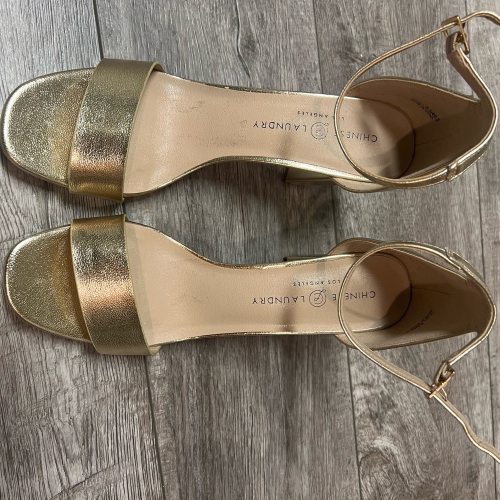 Chinese Laundry Metallic Gold Ankle-Strap Block Heels